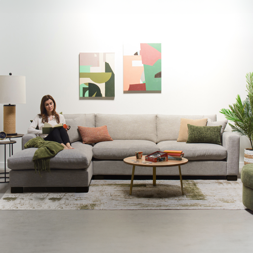 Retreat 1 Arm Condo Sofa + Chaise Lounge in the fabric Downie Morning Moon. The model is is 5' 6".